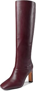 YIYA Cherry Red Boots for Fall Square Toe Chunky High Heels Dark Red Knee High Long Boots Pull On | Amazon (US)