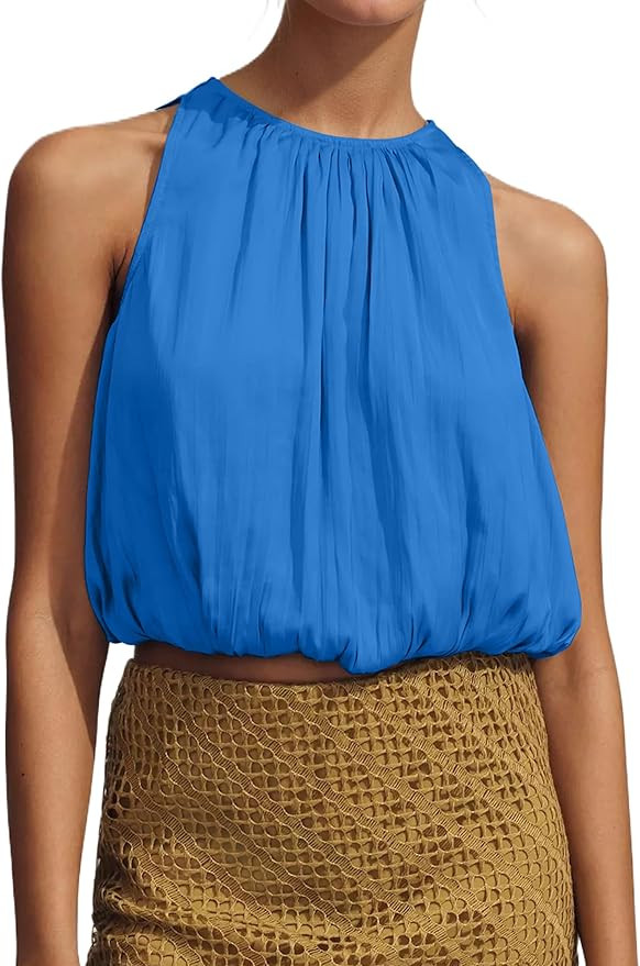 Ythomm Women’s Halter Crop Bubble Tops Summer Sleeveless Crewneck Puffy Hem Cropped Tank Tops F... | Amazon (US)
