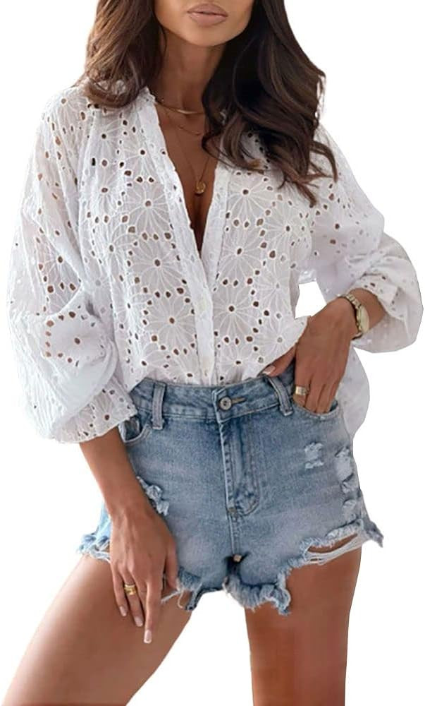 chouyatou Women's Boho Crochet Shirts Lantern Sleeve Button Down Lace Eyelet Blouse Tops | Amazon (US)