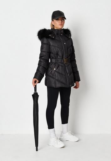 Missguided - Petite Black Gold Trim Belted Faux Fur Hooded Puffer Jacket | Missguided (US & CA)