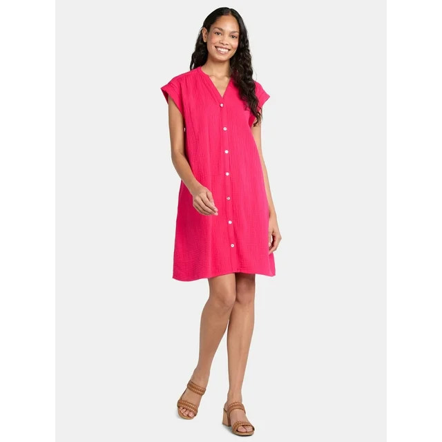Time and Tru Women's Double Cloth Cotton Mini Shirtdress, Sizes XS-XXXL | Walmart (US)