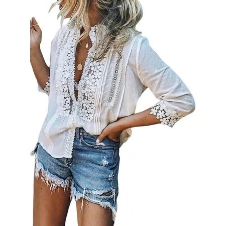 Aleumdr Women's Button Down Shirts Lace Crochet V Neck Bell Sleeve Casual Loose White Blouses Tops S | Walmart (US)