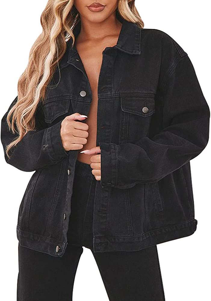 Jean Jacket for Women Distressed Long Sleeve Oversized Denim Trucker Jackets Coat | Amazon (US)