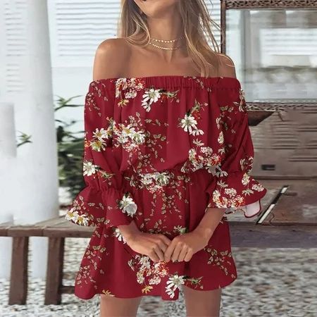 MIASHUI Summer Dresses For Women Off Shoulder Sundress Loose Floral Print Boho Dress Bell Sleeve Blo | Walmart (US)