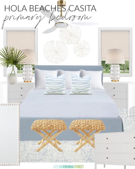 The light blue primary bedroom design board for Hola Beaches Casita! Includes a blue upholstered bed, woven seagrass stools, designer look for less ball lamps, a fluted white dresser, white nightstands, a blue and white rug, and wavy pillows! Get more details and see all the plans here: https://lifeonvirginiastreet.com/hola-beaches-casita-design-plans/.
.
#ltkhome #ltkseasonal #ltksaleslert #ltkfindsunder50 #ltkfindsunder100 #ltkstyletip #ltktravel 30A decor style

#LTKSeasonal #LTKHome #LTKSaleAlert