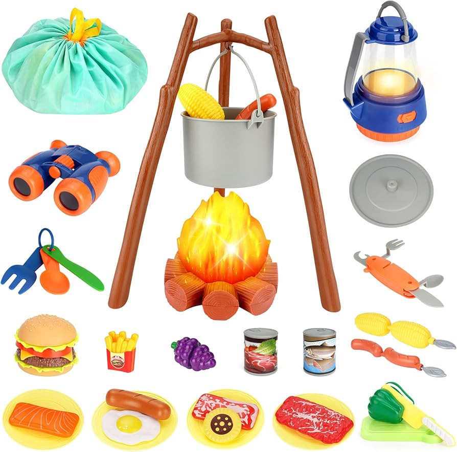 Amazon.com: REZUCREY Kids Camping Toys Set, Pretend Play with Campfire, Pretend Cutting Food for ... | Amazon (US)