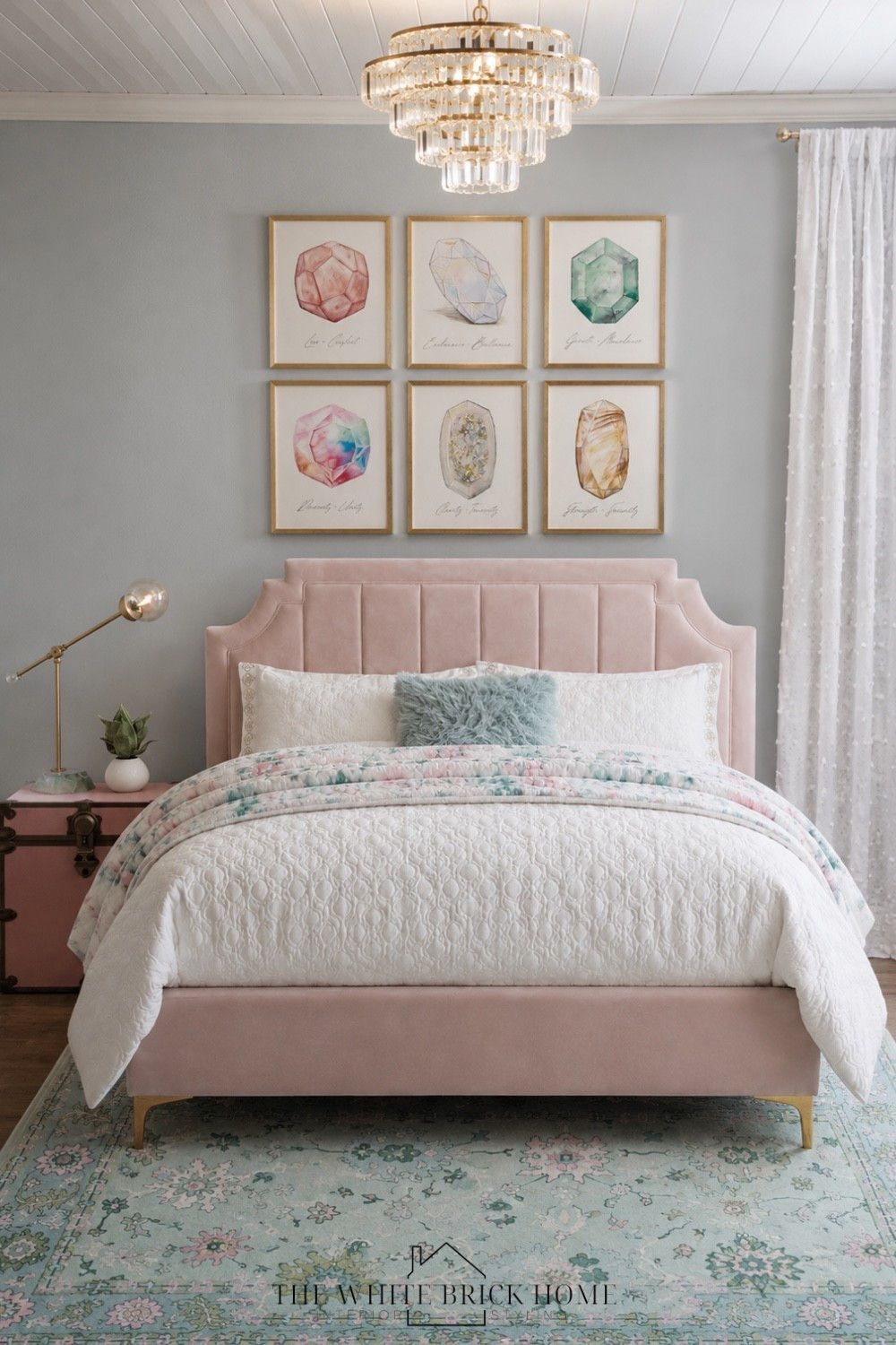 Soft pastels, polished brass, and gemstone art create a dreamy bedroom that feels equal part elegant and playful.

Girls room, girls bedroom, kids room, kids bedroom design, teen girl, teen girl room, teen bedroom design, teen room decor, girls room wall art, girls room rug, girls room inspiration, girls room ideas, girls room nightstand, home decor, home design, bedroom ideas for girls, teen bedroom, bedroom ideas for teen girl, girls room lighting, home design, bedroom design, pottery barn, pottery barn teen