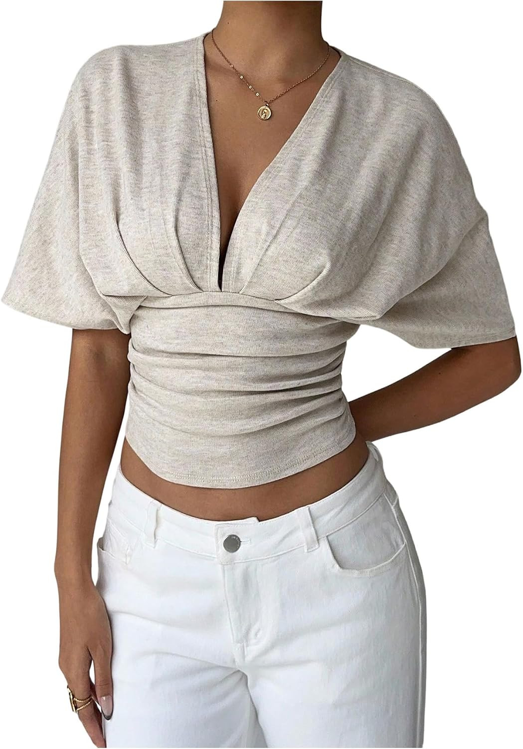 MakeMeChic Women's Deep V Neck Tops Cinched Waist Going Out Tops | Amazon (US)