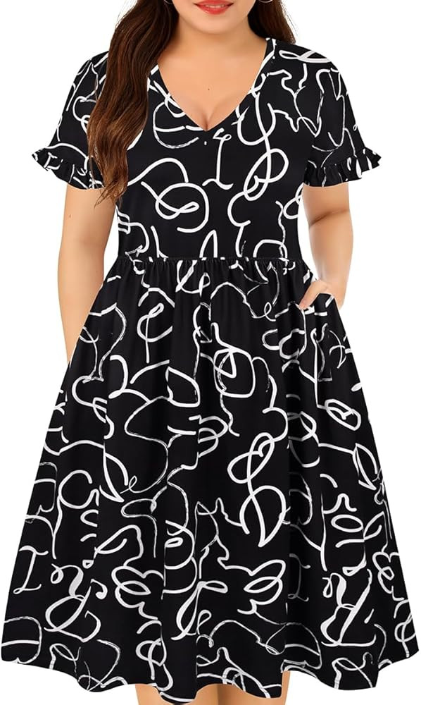 CARCOS Plus Size Dresses for Curvy Women V Neck Short Sleeve Dresses Floral/Striped Summer Boho D... | Amazon (US)