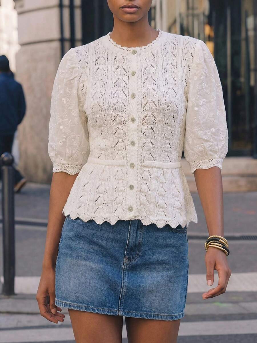 LocalMaija Cream White Women's Hollow Out Single-Breasted Casual French Romantic Elegant Knit Top... | SHEIN