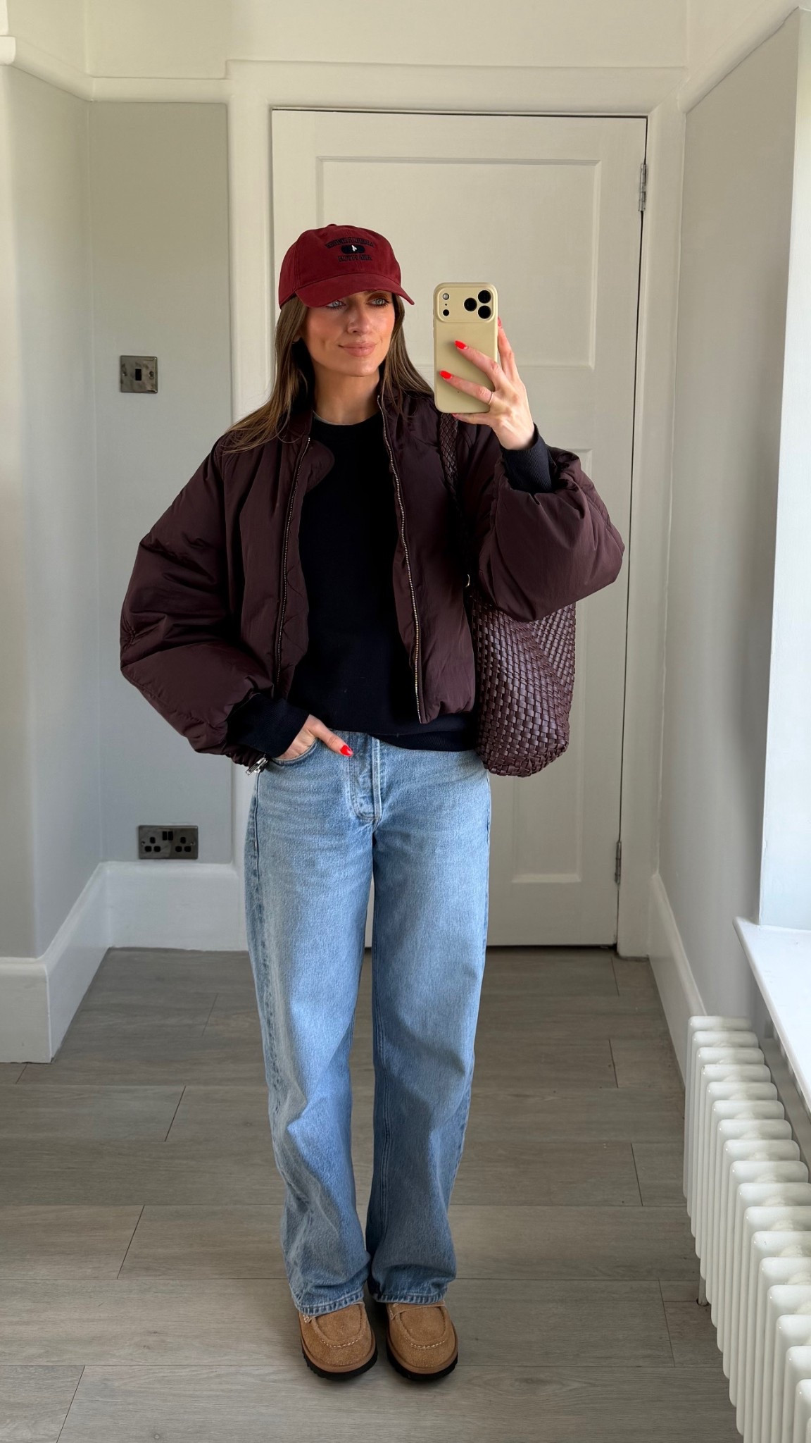 Outfit of the day for a colder spring day 
36 in the Arket jacket
Small in the Uniqlo navy sweater
23 in the Citizens of Humanity Ayla jeans 
I’m 5ft 6 
Similar linked
Ugg Ellis loafer
Dune bag 
Abercrombie cap, new but sadly sold out 😭 