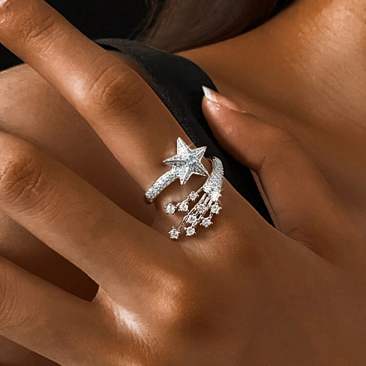 925 Sterling Silver Star Zirconia Ring, Unique Design Meteor Lightweight Luxury Elegant Women's Open Ring, Suitable For Daily, Party, Holiday, Gift For Lover, Friend, Family | SHEIN