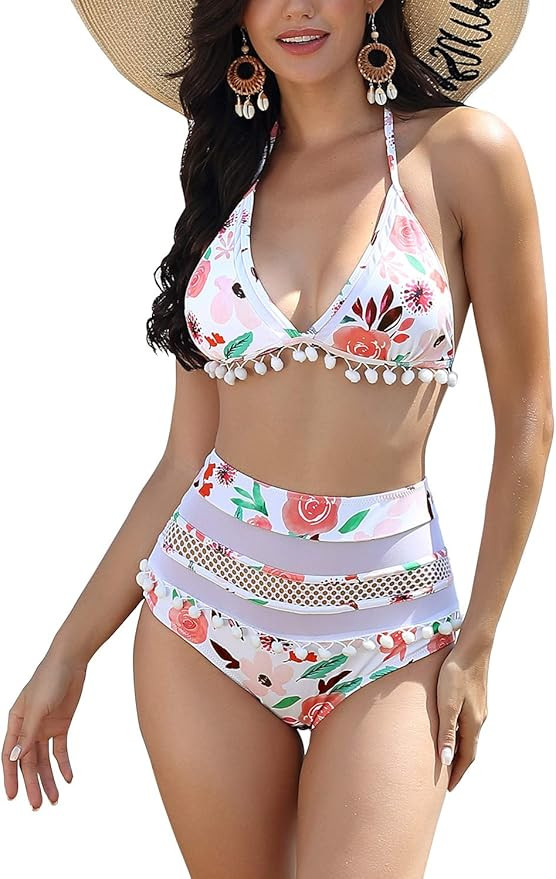 Women High Waisted Bikini Set Two Piece Swimsuit Tassel Pom-Poms Halter Mesh Bathing Suits | Amazon (US)