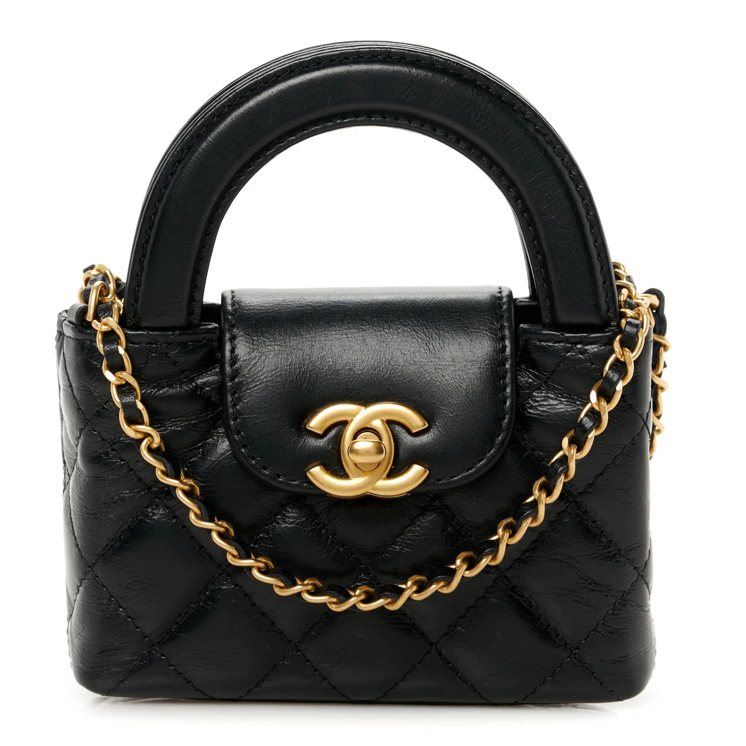 Shiny Aged Calfskin Quilted Mini Nano Kelly Shopper Black | FASHIONPHILE (US)