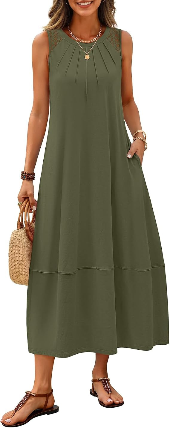 MEROKEETY Women's Sumemr Boho Maxi Dress Pleated Sleeveless Tank Dresses | Beach Vacation Sundres... | Amazon (US)