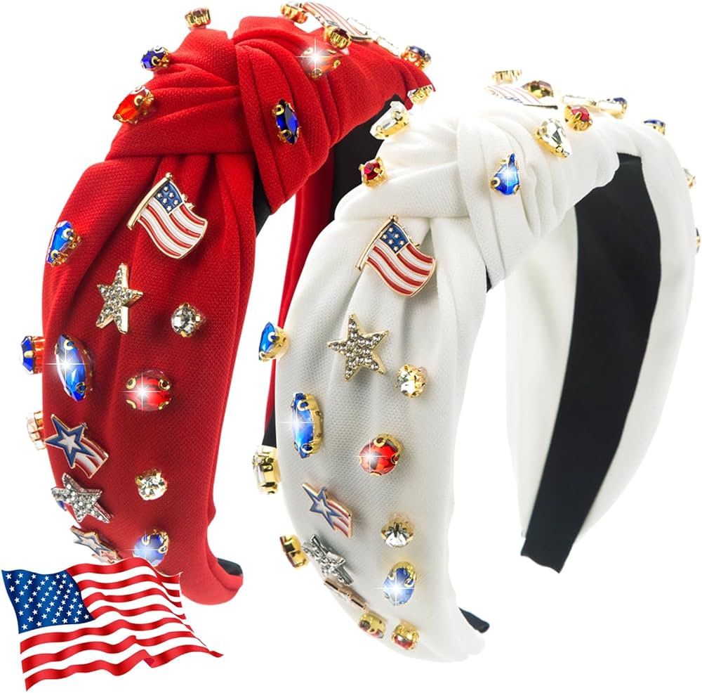 2Pcs 4th of July Headband for Women, Rhinestone Knotted Design with USA Flag Star Hair Hoop, Patr... | Amazon (US)