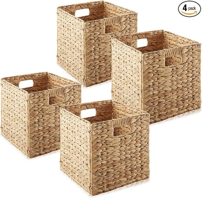 Casafield 10.5" x 10.5" Water Hyacinth Storage Baskets, Natural - Set of 4 Collapsible Cube Organ... | Amazon (US)