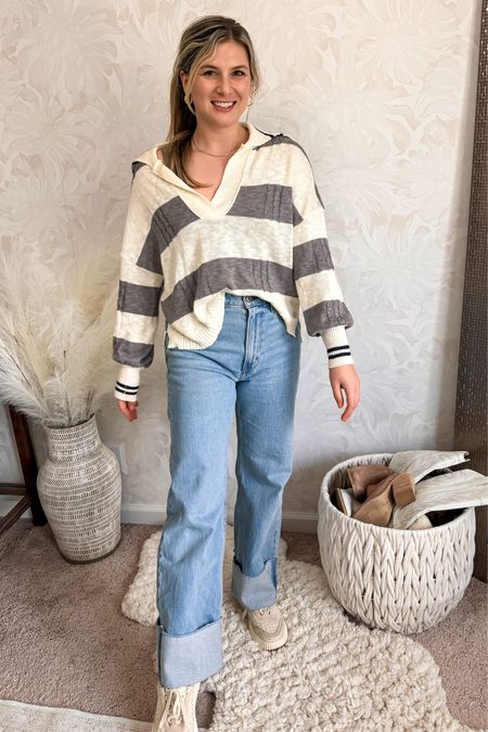 Amazon spring sweater casual spring outfit 
Sweater with collar preppy style
Abercrombie relaxed fit jeans wearing 26 short true to size 

#LTKsalealert #LTKSpringSale #LTKfindsunder50