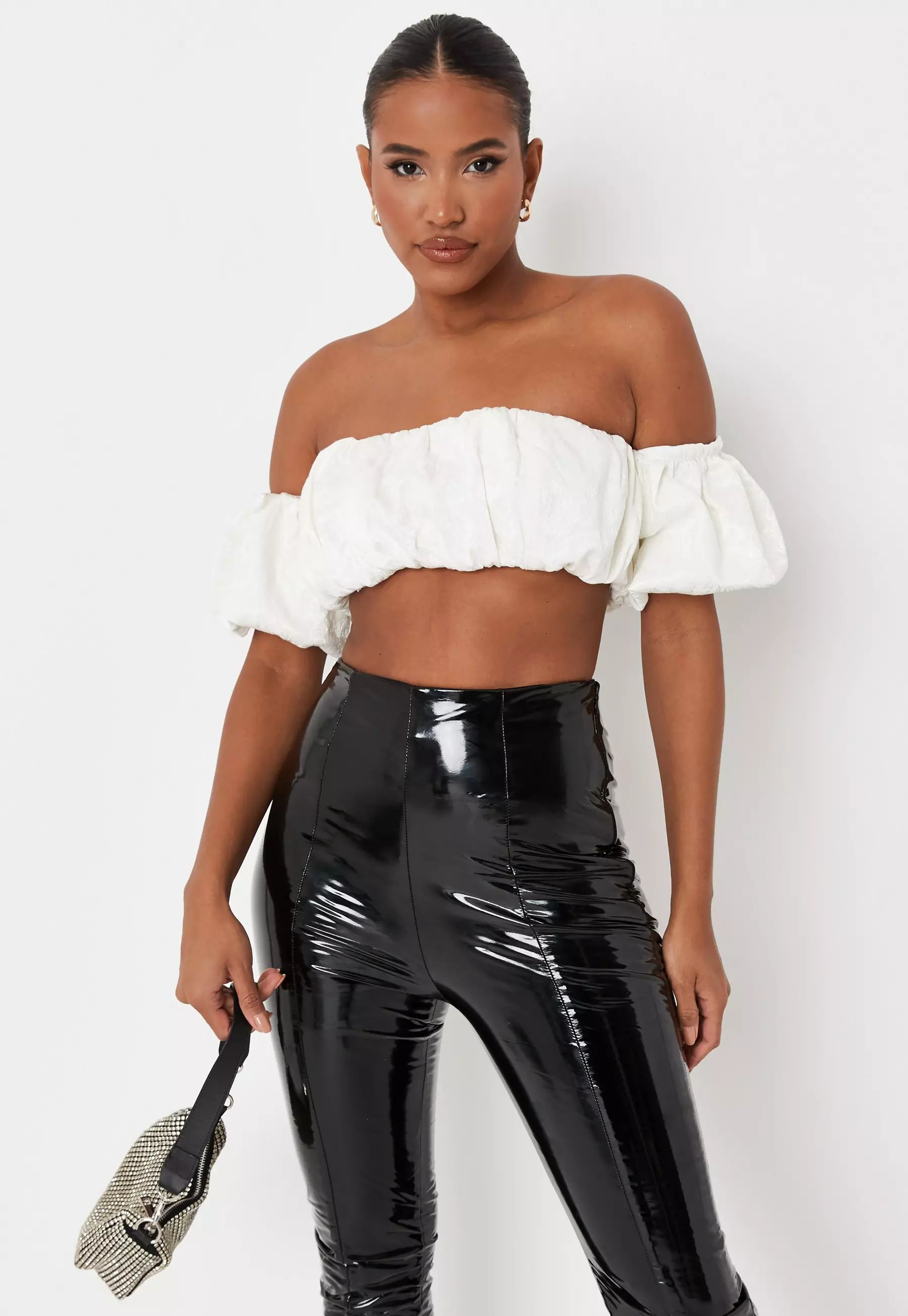 Cream Co Ord Floral Jacquard Ruched Bardot Crop Top | Missguided (UK & IE)