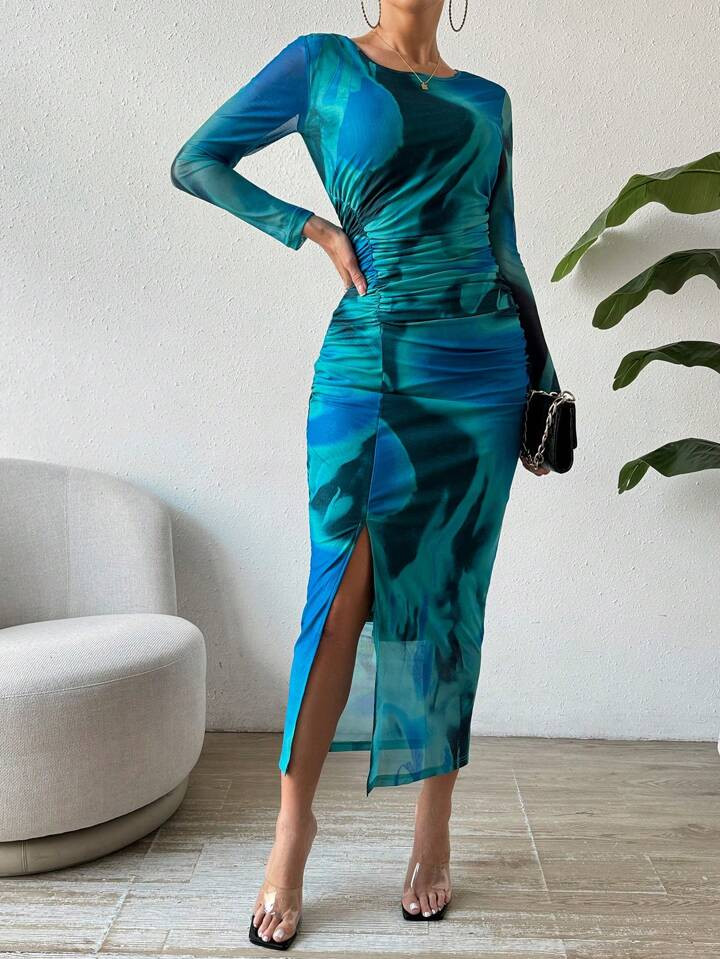 SHEIN BAE Women's Full Print Split Hem Long Sleeve Dress | SHEIN