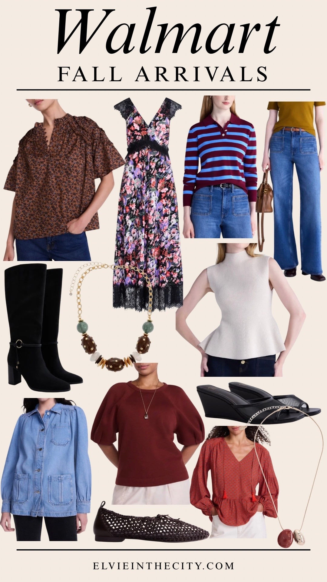 These new Walmart arrivals that are great picks for the fall include a denim jacket, a sleeveless mock neck sweater, high rise patch jeans, cotton voile top, a striped lightweight polo sweater, lace maxi dress, a gathered long sleeve yoke blouse, black wedges, brown knit ballet flats, tall gold buckle boots, a beaded necklace, and a gold tone necklace with resin stones


Walmart finds, fall finds, fall outfit, Walmart fall arrivals

#LTKSeasonal #LTKOver40 #LTKPetite