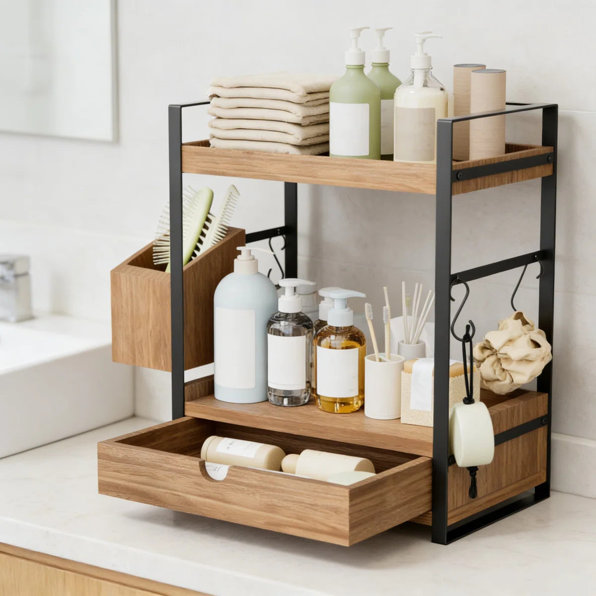2-Tier Bathroom Counter Organizer With Drawer And Storage Basket, Wood Vanity Organizer For Skinc... | Wayfair North America
