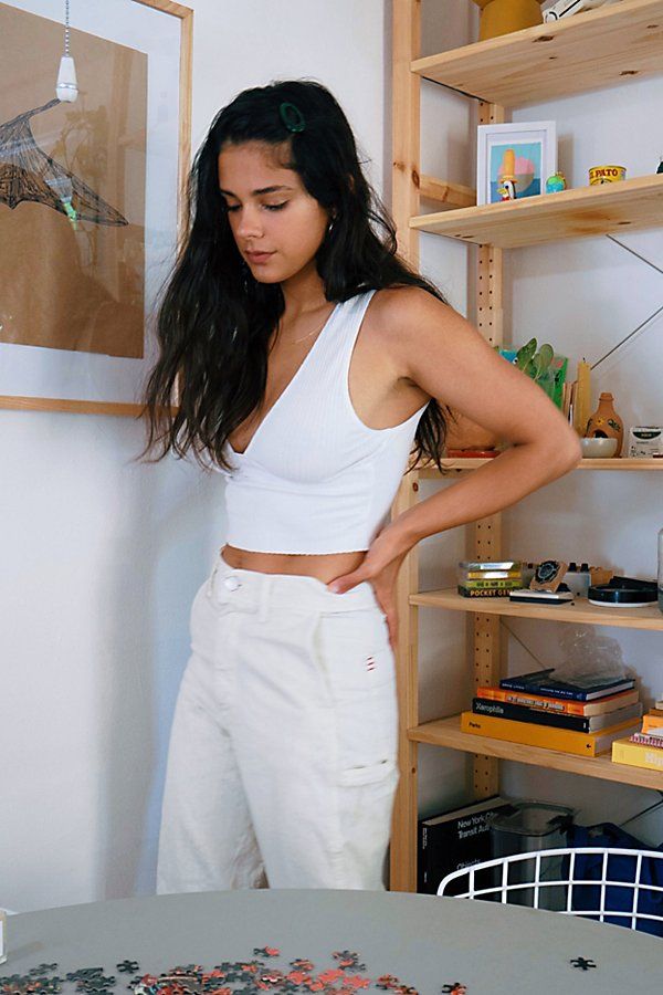 UO Ivy Ribbed Plunge Tank Top - White XL at Urban Outfitters | Urban Outfitters (US and RoW)