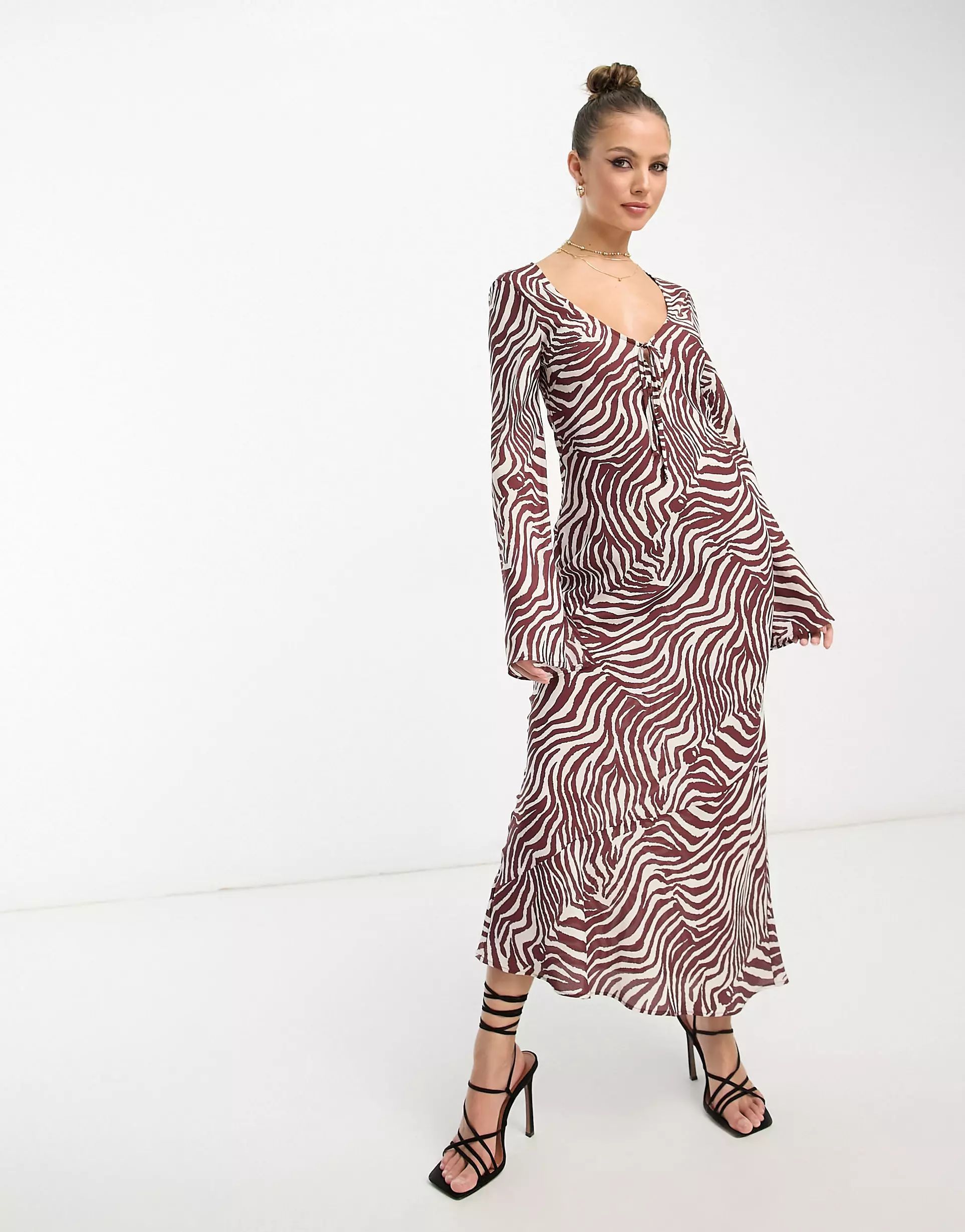 ASOS DESIGN tie front long sleeve midi dress in zebra print | ASOS (Global)