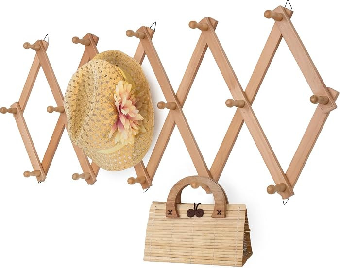SCUNDA Wall Rack with 16 Hooks, Wooden Wall Expandable Coat Rack for Coat, Hats, Baseball Caps, C... | Amazon (US)