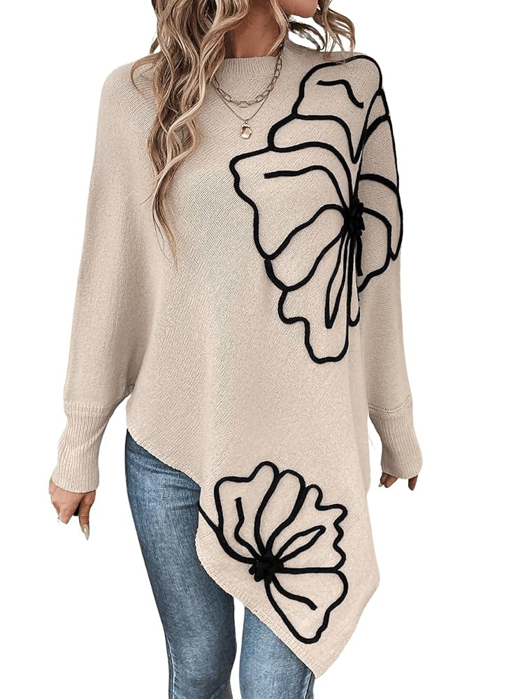 MakeMeChic Women's Fall Sweater Asymmetrical Hem Knit Poncho Sweater | Amazon (US)
