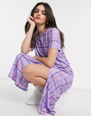 Urban Threads oversized midi tshirt dress in lilac check | ASOS (Global)