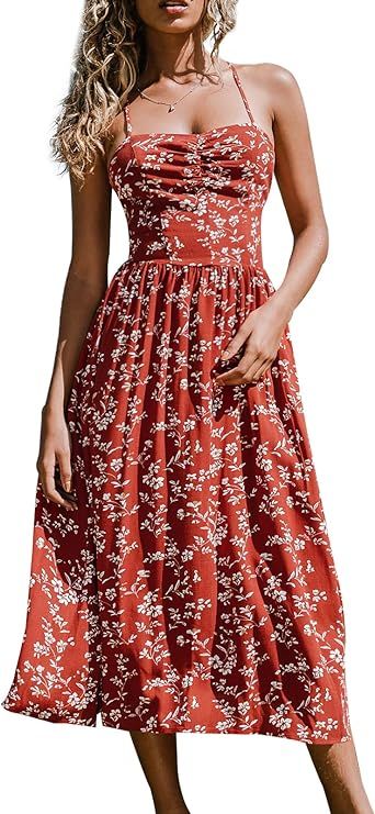 CUPSHE Summer Dress for Women Sun Dress Floral Ruched Lace Up Backless | Amazon (US)