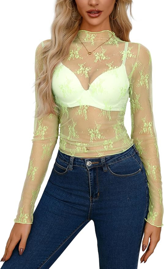 AISEW Womens Mesh Sheer Long Sleeve Crop Tops Mock Neck Sexy See Through Tee Shirts Lace Floral Y... | Amazon (US)