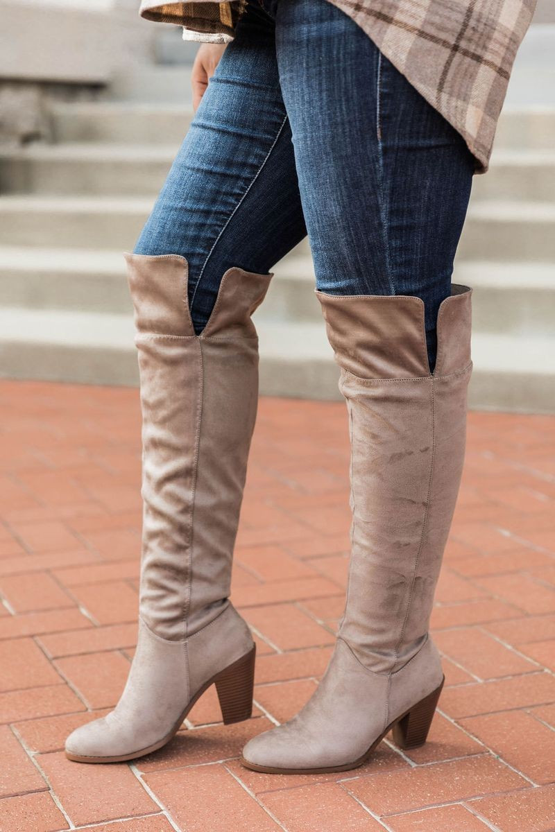 Deborah Taupe Fold Over Knee High Boots | The Pink Lily Boutique