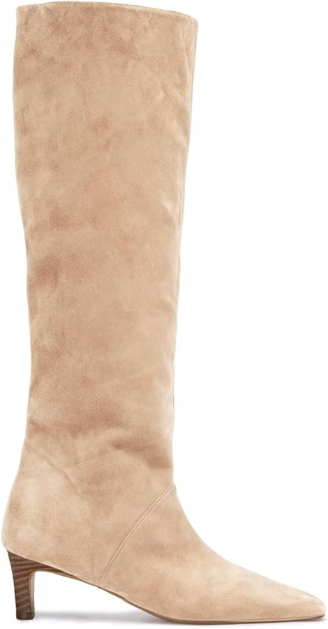 Coutgo Womens Knee High Boots Wide Calf Kitten Heel Pointed Toe Long Boots Pull On Suede Winter D... | Amazon (US)