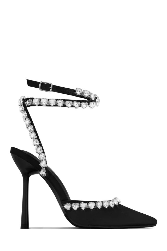 Miss Lola | First Love Silver Heart Stone Embellished Pump Heels | MISS LOLA