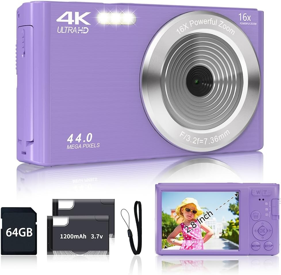 Digital Camera for Teens, FHD 4K 44MP Digital Camera Purple with 64GB SD Card 16X Digital Zoom, C... | Amazon (US)