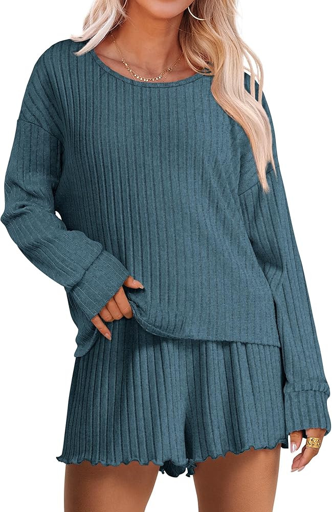 ANRABESS Women's 2 Piece Lounge Pajama Sets Casual Ribbed Long Sleeve Top Matching Shorts Sleepwe... | Amazon (US)