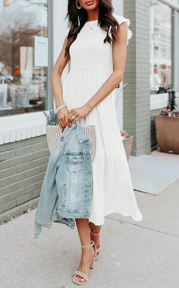 MEROKEETY Women's Flutter Short Sleeve Smocked Midi Dress Summer Casual Tiered A-Line Dress | Amazon (US)