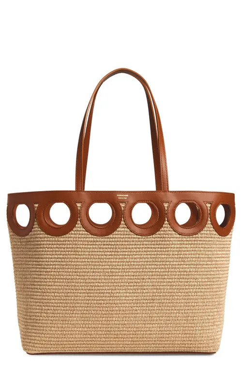 FERRAGAMO Medium Gancini Frame Perforated Raffia & Leather Tote in Naturale/Resort at Nordstrom | Nordstrom