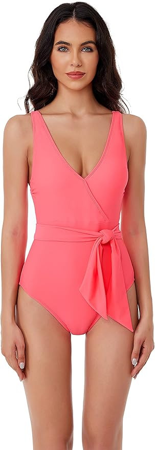 BCA by Rebecca Virtue Megan - Women's One Piece Swimsuit with V-Neck and Wraparound Waist Tie, Ba... | Amazon (US)