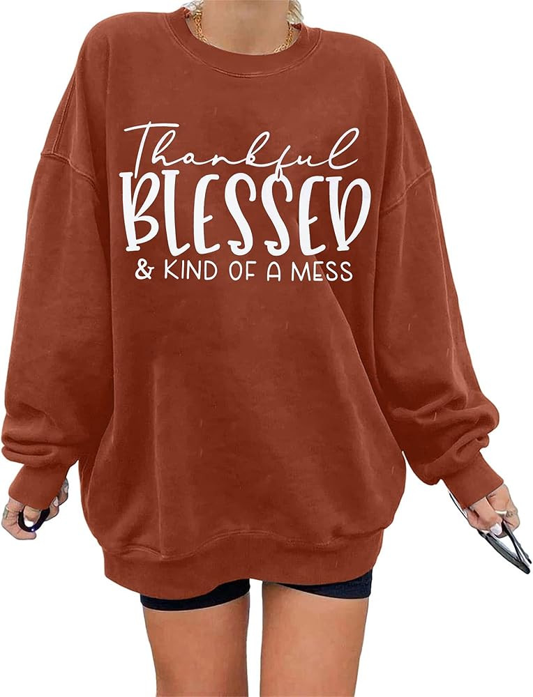 VILOVE Thankful Blessed and Kind Of a Mess Sweatshirt Women Thanksgiving Pullover Blessed Sweatsh... | Amazon (US)