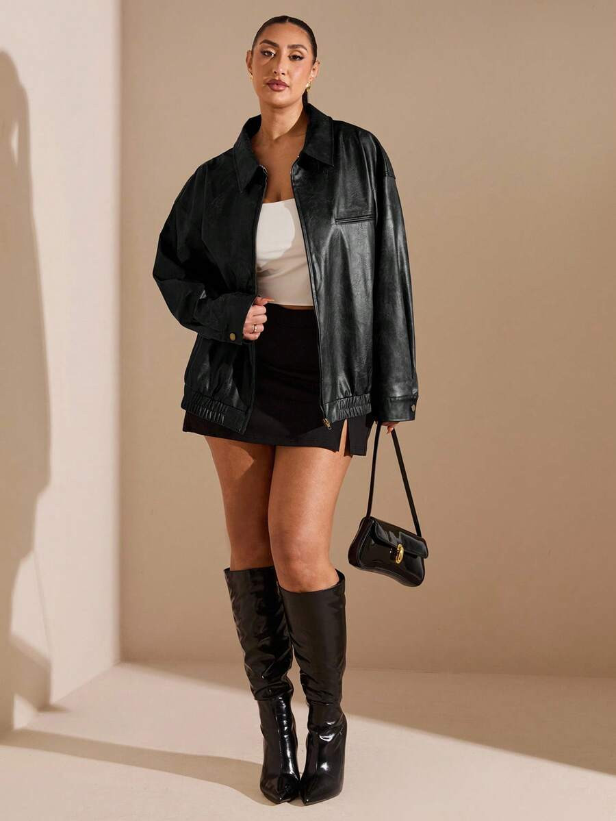 SHEIN BAE Plus Size Women's Solid Color Drop Shoulder Long Sleeve Zipper Front Loose Casual PU Le... | SHEIN