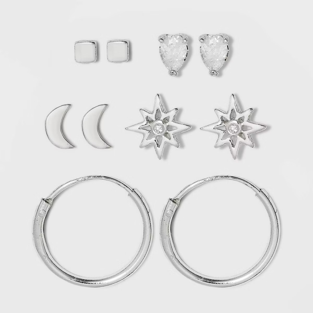 Sterling Silver with Cubic Zirconia Star, Moon, Tear Drop and Endless Hoop Stud Earring Set 5pc -... | Target