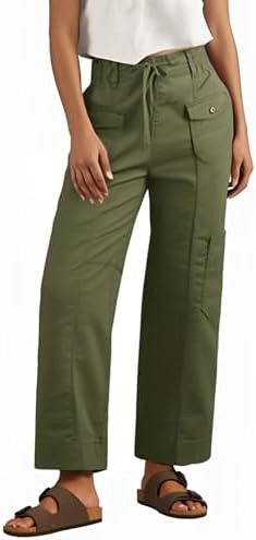 Fisoew Womens Cargo Pants Low Rise Drawstring Waist Hiking Work Wide Leg Pants with Multiple Pock... | Amazon (US)