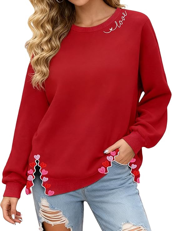 PECHAR Valentine Sweatshirts Women Love Valentines Shirts Embroidered Crewneck Long Sleeve Tops W... | Amazon (US)
