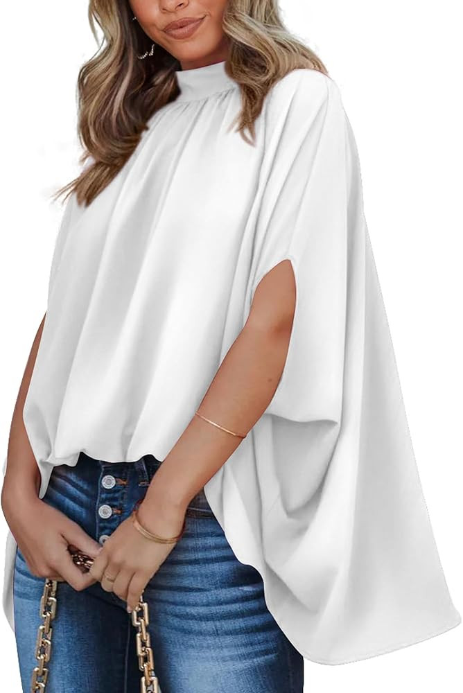 BTFBM Womens Summer Tops 2026 Mock Neck Batwing Sleeve Silk Satin Shirts Loose Oversized Dressy C... | Amazon (US)