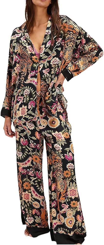 Arssm Satin Pajama Set for Women Silk Pajamas Set 2 Piece Floral Pj Set Long Sleeve Button Down P... | Amazon (US)