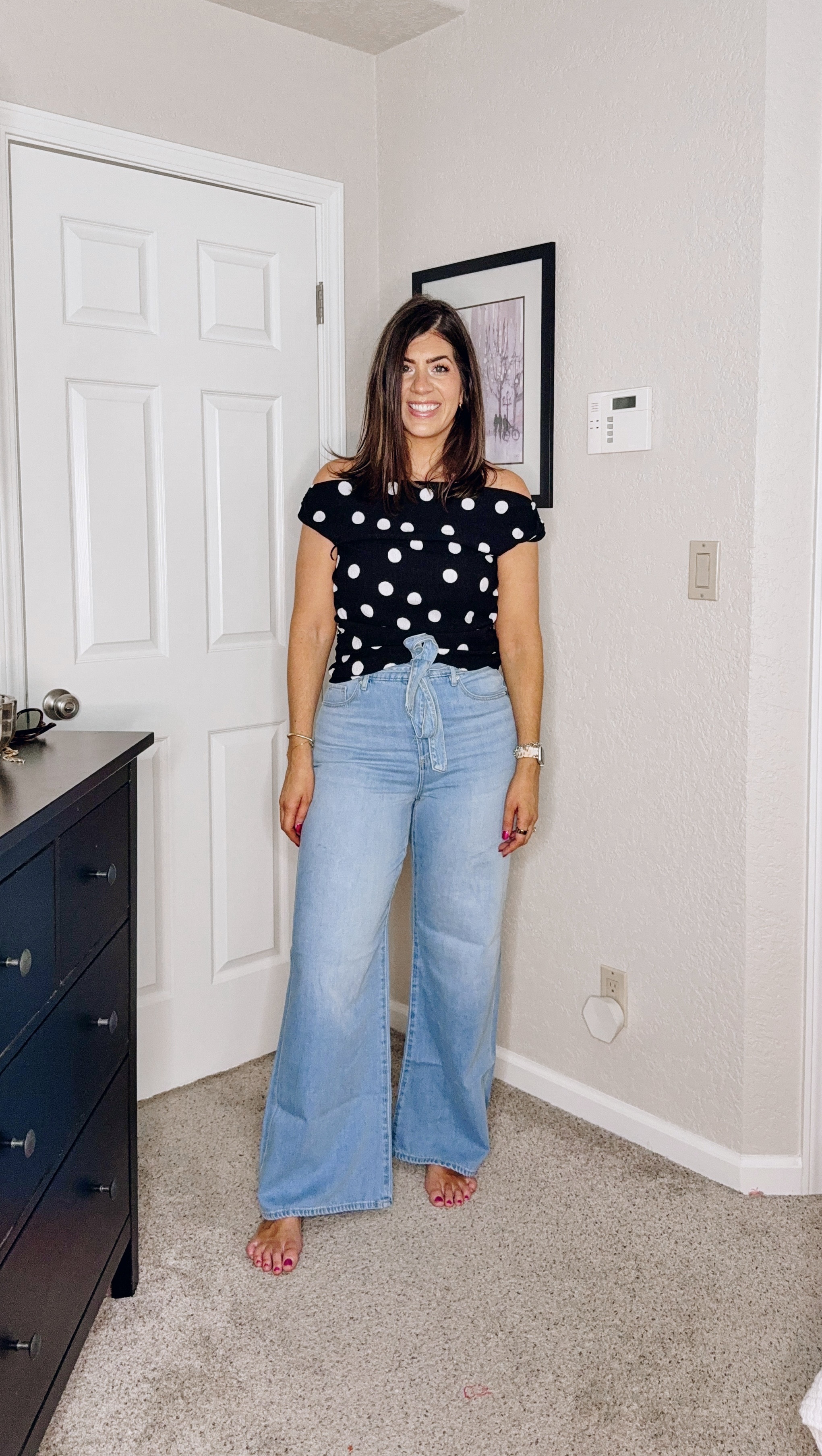In a medium polka dot top
In a 29 curvy palazzo jean 

#LTKFindsUnder50 #LTKSaleAlert #LTKMidsize