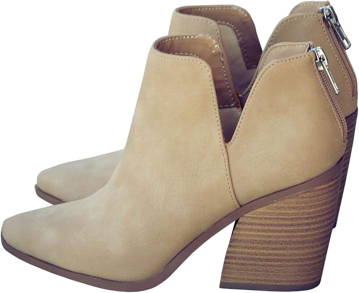 Kathemoi Womens Ankle Boots Slip on Cutout Pointed Toe Snakeskin Chunky Stacked Mid Heel Booties | Amazon (US)